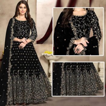 Black Crinkle Chiffon Embroidered Maxi Unstitched 3Pc | LF-004 |