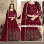 Maroon Crinkle Chiffon Embroidered Maxi Unstitched 3Pc | LF-004 |
