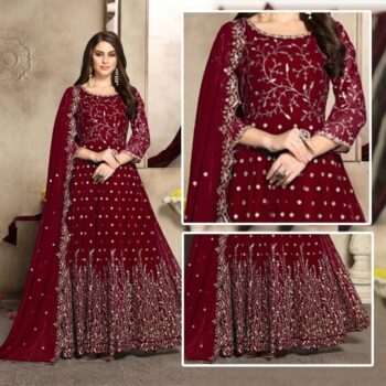 Maroon Crinkle Chiffon Embroidered Maxi Unstitched 3Pc | LF-004 |
