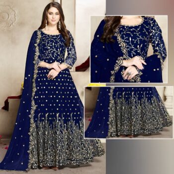 Navy Blue Crinkle Chiffon Embroidered Maxi Unstitched 3Pc | LF-004 |