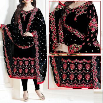 Black Crinkle Chiffon Embroidered Unstitched 3Pc