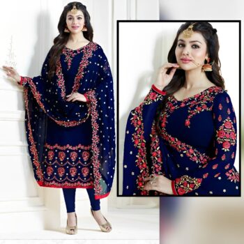 Navy Blue Crinkle Chiffon Embroidered Unstitched 3Pc