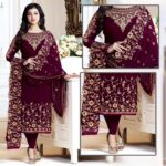 Maroon Embroidered Crinkle Chiffon Suit | LF-66 | Unstitched