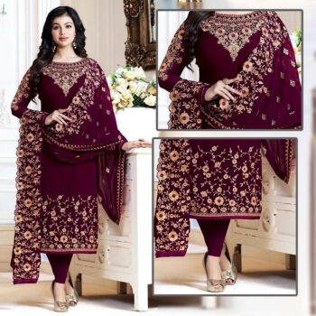 Maroon Embroidered Crinkle Chiffon Suit | LF-66 | Unstitched