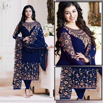 Navy Blue Embroidered Crinkle Chiffon Suit | LF-66 | Unstitched