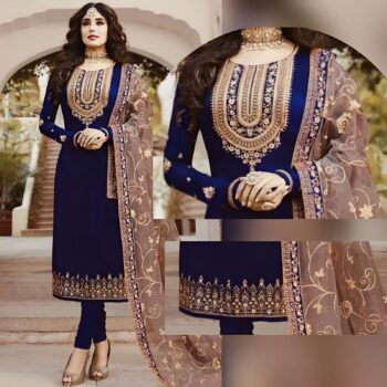 Navy Blue Crickle Chiffon Embroidered Unstitched 3Pc