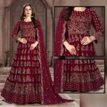 Heavy Maroon Crinkle Chiffon Embroidered Maxi Unstitched 3Pc