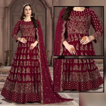 Heavy Maroon Crinkle Chiffon Embroidered Maxi Unstitched 3Pc