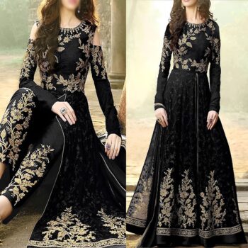 Anarkali Black Crinkle Chiffon Embroidered Maxi Unstitched 3Pc