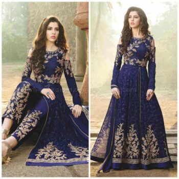 Anarkali Navy Crinkle Chiffon Embroidered Maxi Unstitched 3Pc