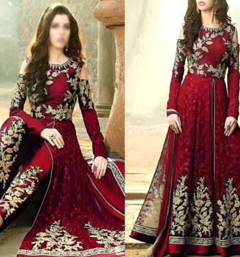 Anarkali Maroon Crinkle Chiffon Embroidered Maxi Unstitched 3Pc