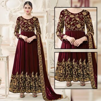 Maroon Crinkle Chiffon Embroidered  Maxi Unstitched 3Pc