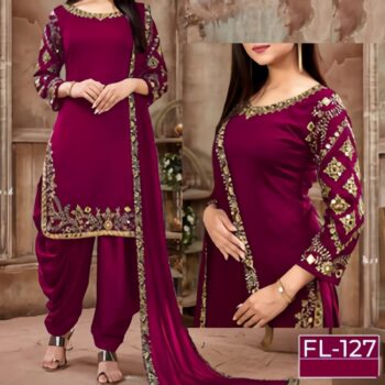 Patiyala Style Crickle Chiffon Embroidered Unstitched 3Pc