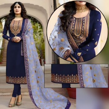 Navy Crickle Chiffon Embroidered Unstitched 3Pc
