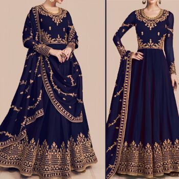 Blue Crinkle Chiffon Embroidered Maxi Unstitched 3Pc