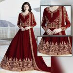 Maroon Embroidered Crinkle Chiffon Partywear Maxi | LF-203 | Unstitched