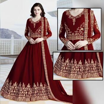 Maroon Embroidered Crinkle Chiffon Partywear Maxi | LF-203 | Unstitched