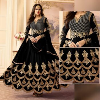 Black Embroidered Crinkle Chiffon Partywear Frock Unstitched 3Pc