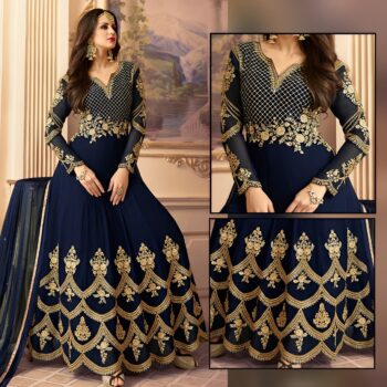 Navy Blue Embroidered Crinkle Chiffon Partywear Frock Unstitched 3Pc