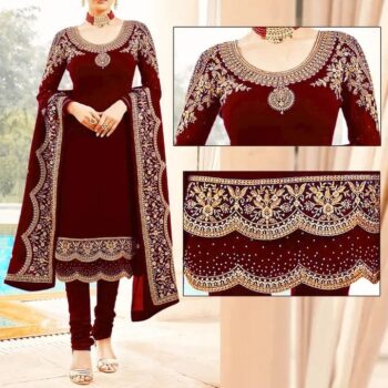 Maroon Crickle Chiffon Embroidered Unstitched 3Pc | LF-197 |
