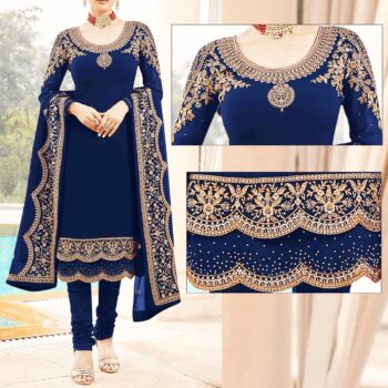 Navy Blue Crickle Chiffon Embroidered Unstitched 3Pc | LF-197 |