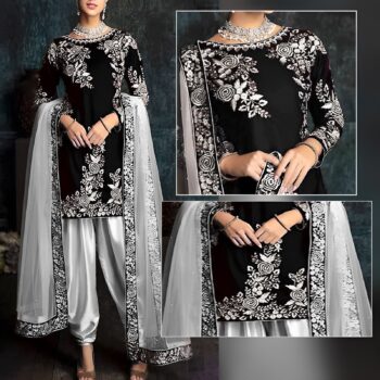 Silk Black Patyala Embroidered Suit Unstitched 3Pc
