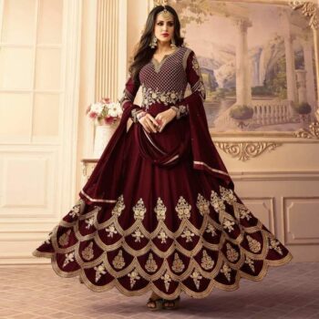 Maroon Embroidered Crinkle Chiffon Partywear Frock Unstitched 3Pc