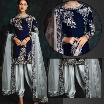 Silk Blue Patyala Embroidered Suit Unstitched 3Pc