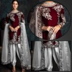 Silk Maroon Patyala Embroidered Suit Unstitched 3Pc