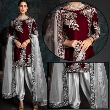 Silk Maroon Patyala Embroidered Suit Unstitched 3Pc