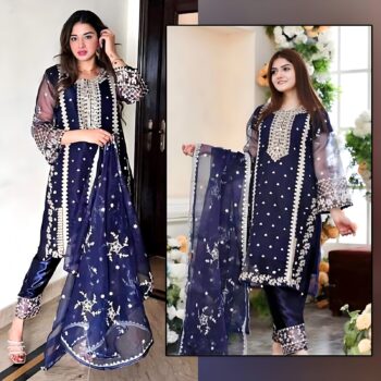 4 Piece Embroidered Unstitched Suit-Blue