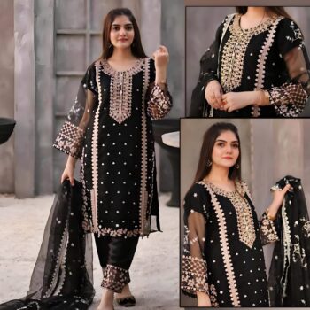 4 Piece Embroidered Unstitched Suit-Black
