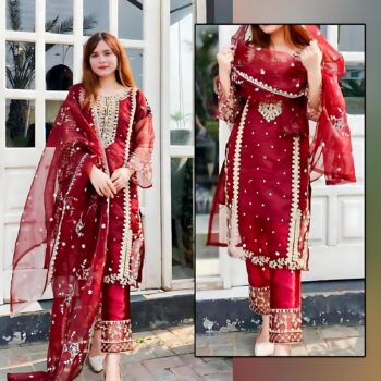 4 Piece Embroidered Unstitched Suit-Maroon